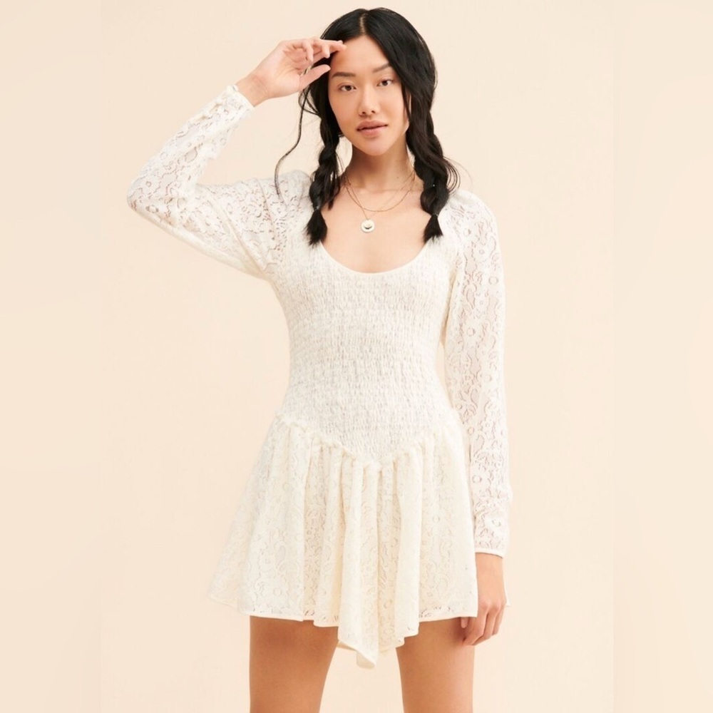 NWOT Free People Nina Lace Long‎ Sleeve Mini Dress in White Ivory Size Large
